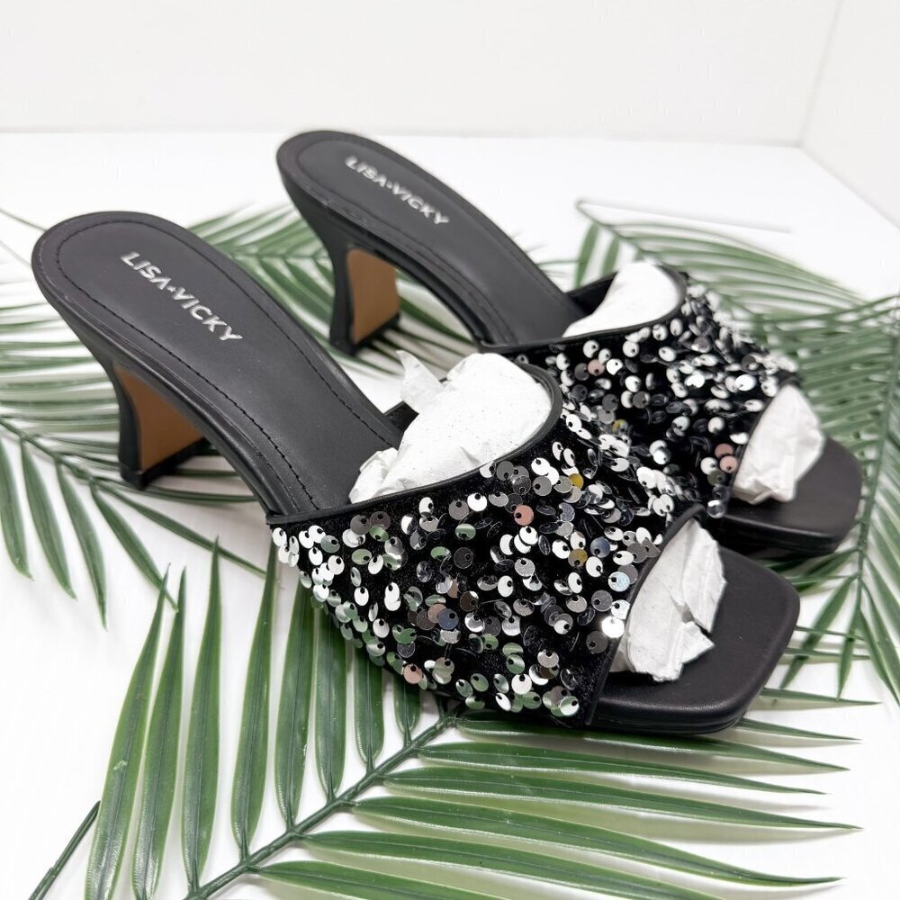 Lisa Vicky Sequin Slide Mule Heels 8.5 Black Silver Party Dressy Shoes NWT Shiny